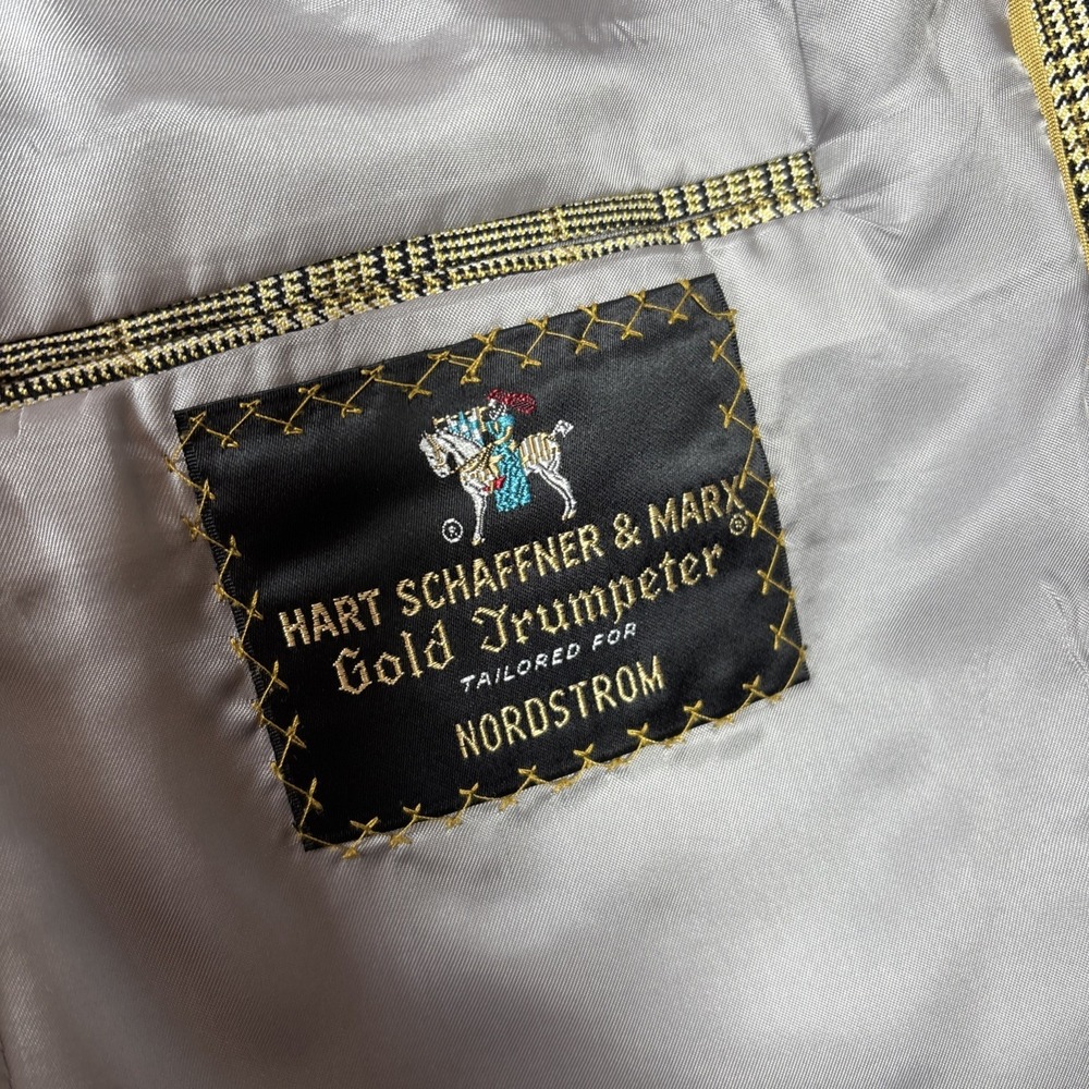 Hart Schaffner Marx Wool Windowpane‎ Plaid Blazer Suit Jacket Gold 44-46 Vtg - Picture 3 of 8